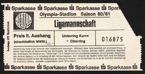 Ticket 1980 hertha bsc - ticket, 1980/81